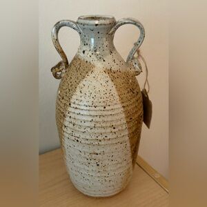 Vintage Stoneware Pottery Vase Speckled Finish and Textured Lines 9” tall